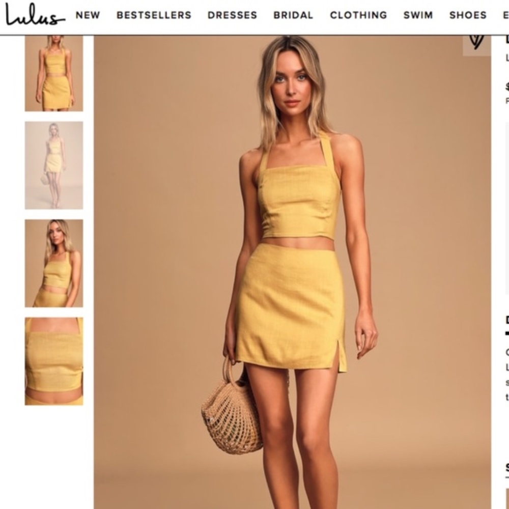 Yellow Linen Halter Crop Top & Mini Skirt Medium